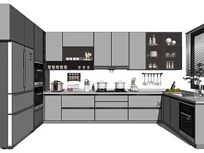 Modern Kitchen Interior With Gray Cabinets Countertop Sink Appliances And Cookware 3d model