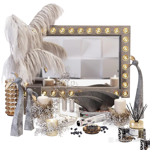 Stylish Decorative Ornament Set With Lighted Mirror Feather Decor Candles Beaded Accents And Aromatic Diffuser 3d model 