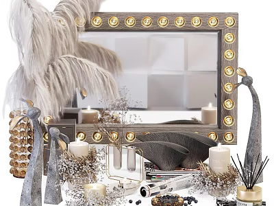 Stylish Decorative Ornament Set With Lighted Mirror Feather Decor Candles Beaded Accents And Aromatic Diffuser 3d model