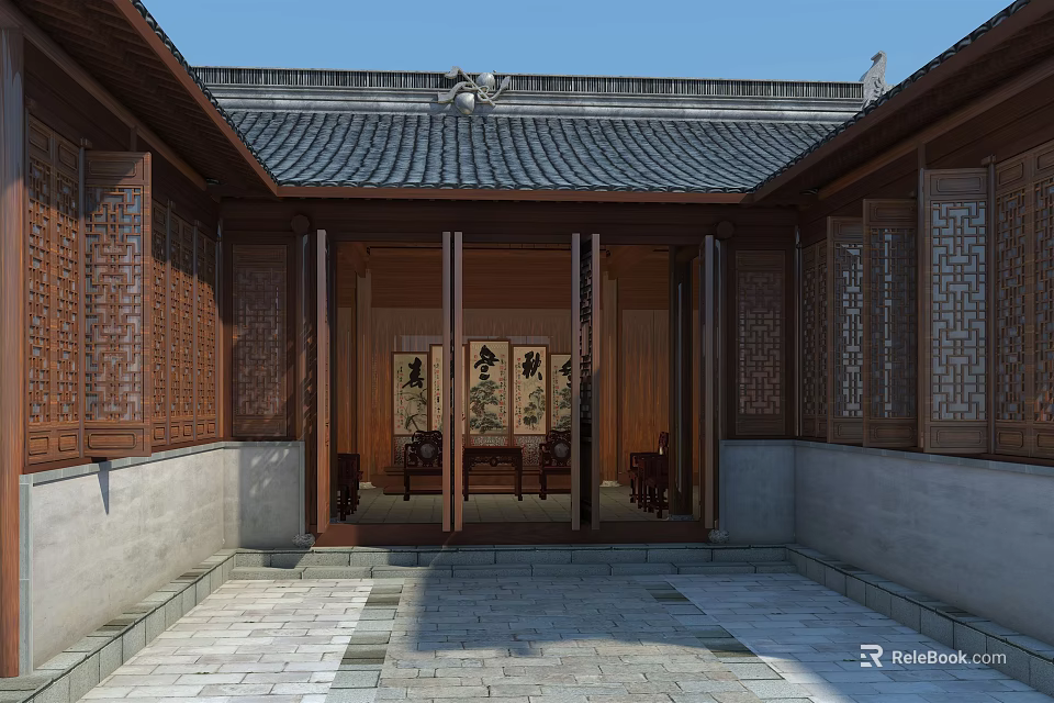Traditional Chinese Garden Courtyard Featuring Tiled Roof Wooden Carved Windows And Stone Paved Ground 3d model 