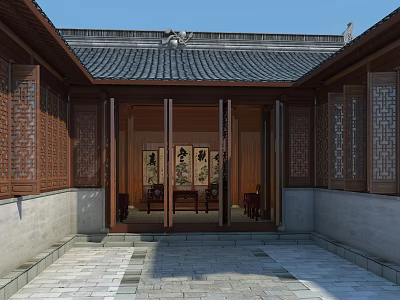 Traditional Chinese Garden Courtyard Featuring Tiled Roof Wooden Carved Windows And Stone Paved Ground 3d model