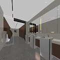 Modern Commercial Public Restroom With Mirrors Pedestal Sinks And Soft Ambient Indoor Lighting Design