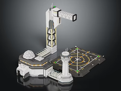 Cartoon Sci Fi Scene With Futuristic Tower Platform Circular Dome Runway And Geometric Design 3d model