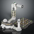 Cartoon Sci Fi Scene With Futuristic Tower Platform Circular Dome Runway And Geometric Design