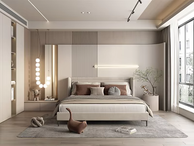 Modern Bedroom Interior With Bedhead Design Pillows Wall Light And Large Window 3d model