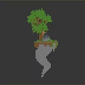 Enchanting Pixel Style Floating Island Landscape With Green Trees Small House And Cloud Spiral Base