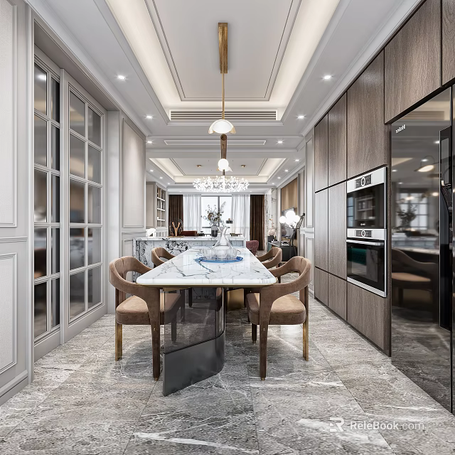 Elegant Modern Restaurant Interior With Dining Table Chairs Pendant Lights And Glass Windows 3d model 