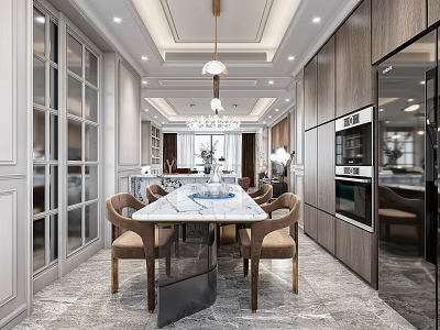 Elegant Modern Restaurant Interior With Dining Table Chairs Pendant Lights And Glass Windows 3d model