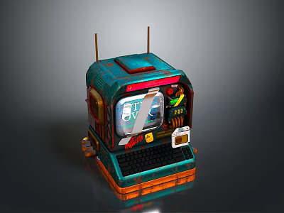 Vintage Arcade Style Computer With Green Red Design Keyboard Screen And Antennas 3d model