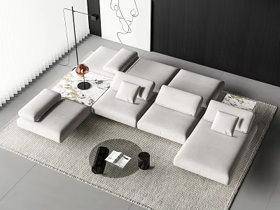 Modern Gray Sectional Sofa In Living Room With Area Rug And Coffee Table Decor 3d model