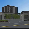 Modern Main Entrance Gate With Covered Structure And Green Plants Near High Rise Buildings