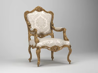 Classical Accent Chair With Ornate Golden Carved Frame And White Patterned Upholstery 3d model