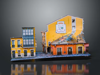 Cartoon Scenery With Yellow And Orange Buildings Street Windows And Signboard 3d model