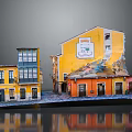 Cartoon Scenery With Yellow And Orange Buildings Street Windows And Signboard