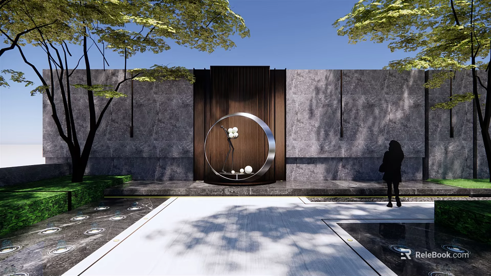 Garden Feature Wall With Gray Stone Wooden Accent Circular Decoration White Flowers And Water Feature 3d model 