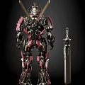 Red Gold Mechanical Robot With Detailed Armor And Large Sword 3d model