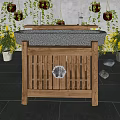 Natural Stone Washbasin with Wooden Cabinet and Hanging Plants Near Yellow Flowers