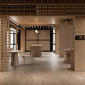 Modern Chinese Exhibition Hall With Wooden Structure And Landscape Paintings Reception Counter