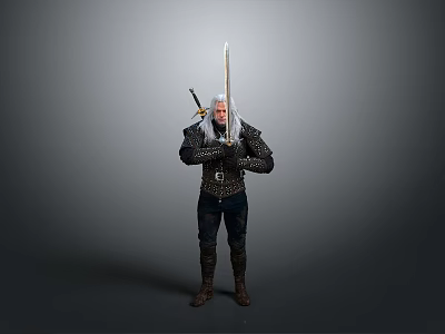 A Man Wearing Medieval Armor Holding Long Sword And Dagger In Gray Background 3d model