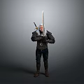 A Man Wearing Medieval Armor Holding Long Sword And Dagger In Gray Background