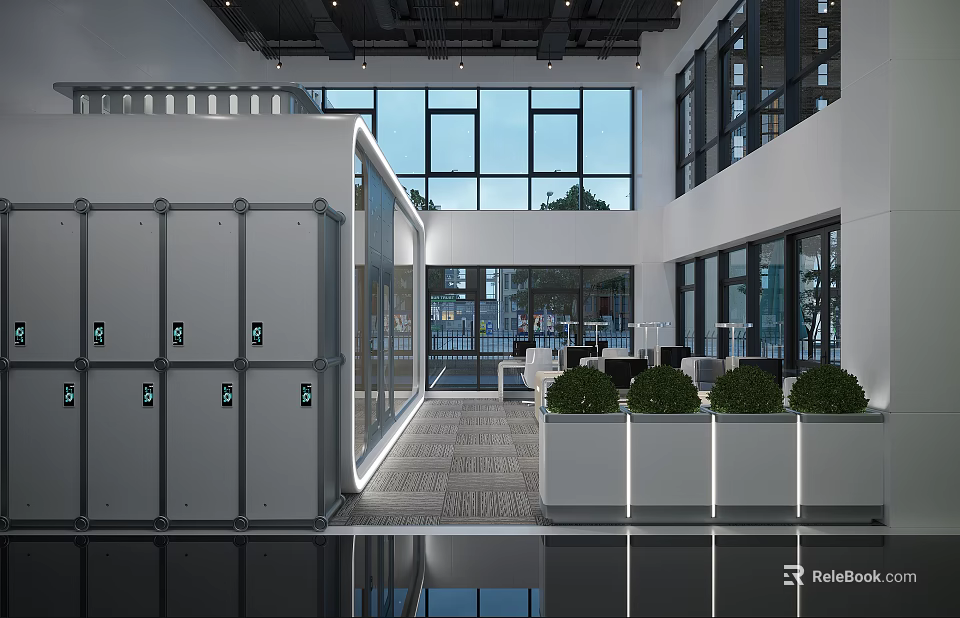 Modern Public Office Space With Glass Partitions Storage Lockers And Green Plants 3d model 