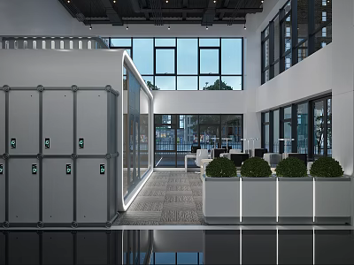 Modern Public Office Space With Glass Partitions Storage Lockers And Green Plants 3d model