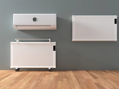 White Air Conditioner And Radiators On Gray Wall With Wooden Floor 3d model