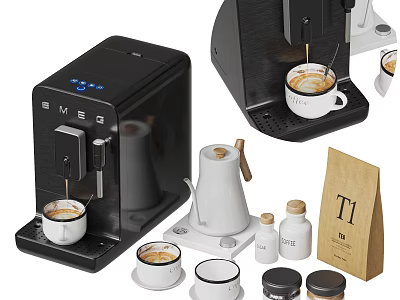 Sleek Black Coffee Machine Kitchen Appliances With White Cups Coffee Jars And Bean Bag 3d model
