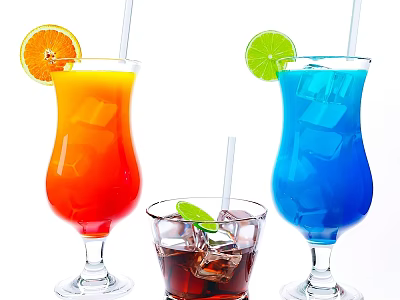 Colorful Fruit Drinks With Ice Cubes Orange Lime Slices And Straws 3d model