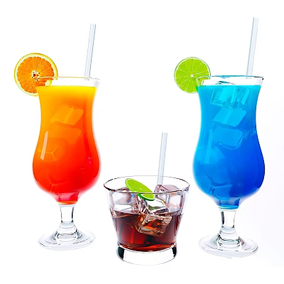 Colorful Fruit Drinks With Ice Cubes Orange Lime Slices And Straws 3d model