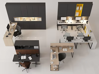 Modern Office Desk Designs With Computers Chairs And Storage Cabinets Accessories 3d model