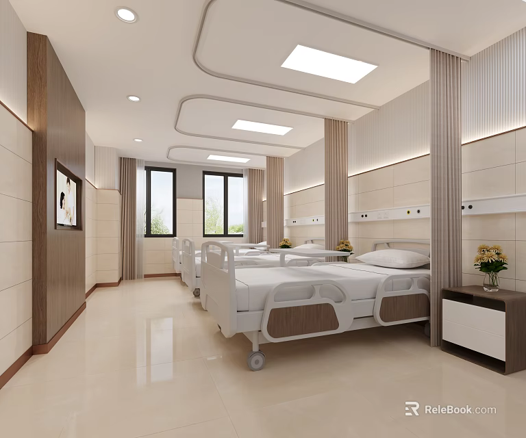 Modern Hospital Ward Interior With Multiple Beds Clean Design Windows And Medical Equipment 3d model 