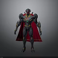 Sleek Dark Mechanical Warrior Character With Red Cape Blue Yellow Accents And Green Gemstone Chest