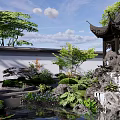 Traditional Chinese Garden Rockery Stones With Pond Waterfall Pavilion And Lush Green Plants