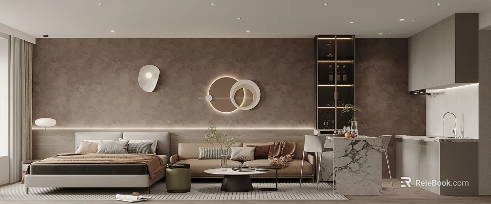 Modern Apartment Living Room With Sofas Circular Lights And Marble Bar 3d model 