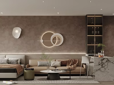 Modern Apartment Living Room With Sofas Circular Lights And Marble Bar 3d model