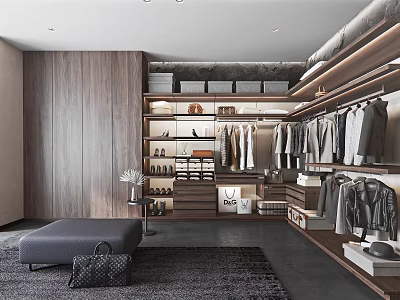 Modern Walk-in Closet Interior Design With Wooden Shelves Hanging Clothes And Storage Boxes 3d model