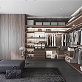Modern Walk-in Closet Interior Design With Wooden Shelves Hanging Clothes And Storage Boxes