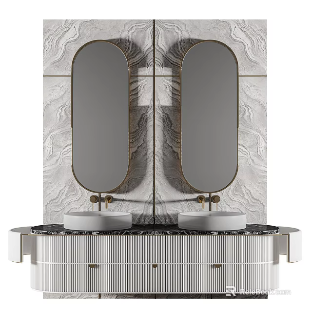 Modern Double Vanity Featuring Oval Mirrors Gold Frames And Marble Wall 3d model 