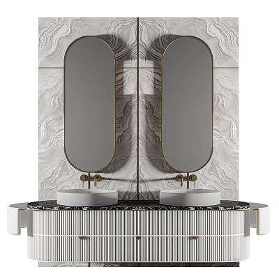 Modern Double Vanity Featuring Oval Mirrors Gold Frames And Marble Wall 3d model