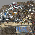 Pile of Mixed Waste Metal Scraps Plastic Paper Near Stone Wall With Blue Plate Grid