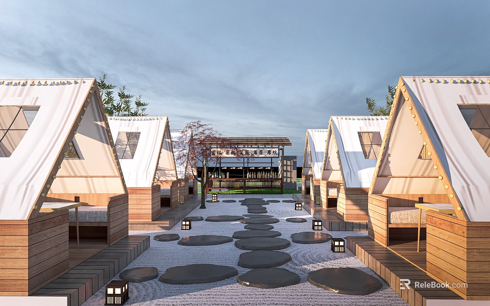 Outdoor Glamping Resort Area With White Roof Tents Stone Path Trees And Lights 3d model 