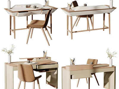 Modern Wooden Desk with Comfortable Chair and Minimalist Design Featuring Lamp and Vase 3d model