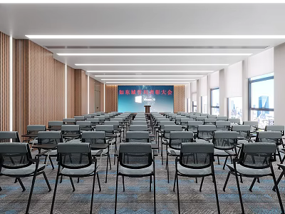 Conference Room Interior With Rows of Chairs Front Stage Wooden Panel Walls and Windows 3d model