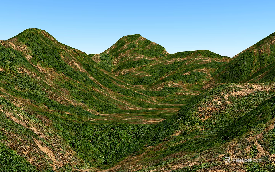 Green Rolling Hills And Lush Terrain In Beautiful Landscape Garden With Blue Sky 3d model 