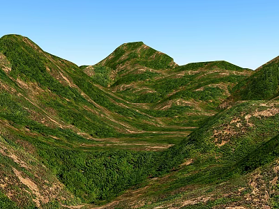 Green Rolling Hills And Lush Terrain In Beautiful Landscape Garden With Blue Sky 3d model