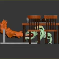 Colorful Monsters Under Dining Table With Wooden Chairs Plates Food And Glasses