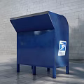 Commercial Mailbox Equipment Blue USPS Logo Metal Structure With Roof Legs And Brick Wall Background