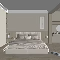 Cozy Minimalist Bedroom Interior Featuring Upholstered Headboard Bedside Lamps Decorative Painting And Herringbone Flooring