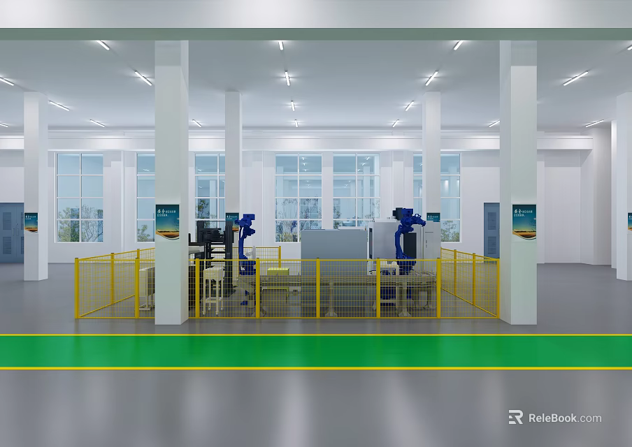 Industrial Factory Interior With Robotic Arms Yellow Safety Fences And Green Markings 3d model 